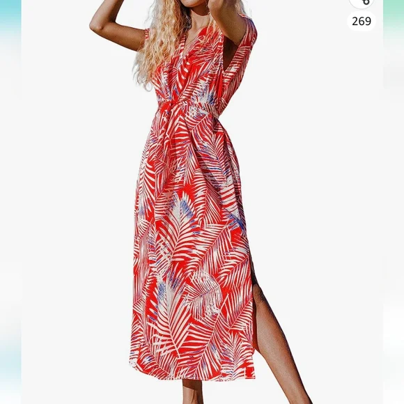 Red Leaf Print Tie Flowy Dress - Picture 4 of 7